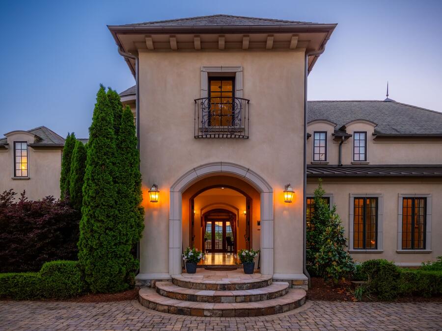 The entrance tower at twilight